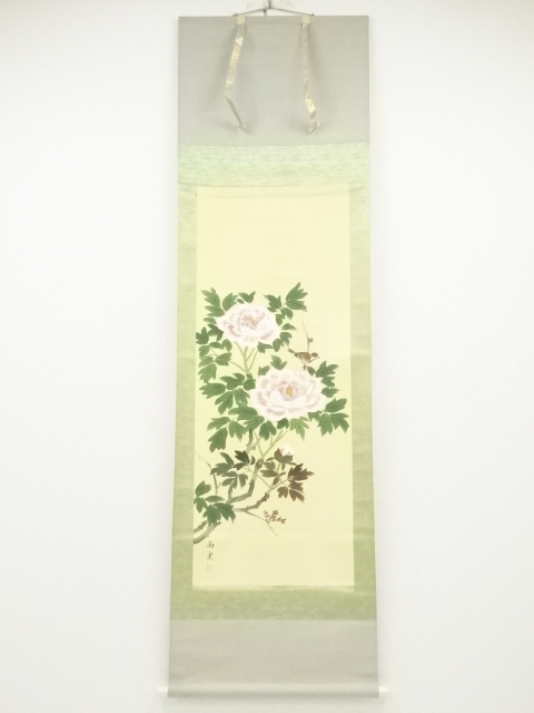 JAPANESE HANGING SCROLL / HAND PAINTED / PEONY WITH SPARROW 